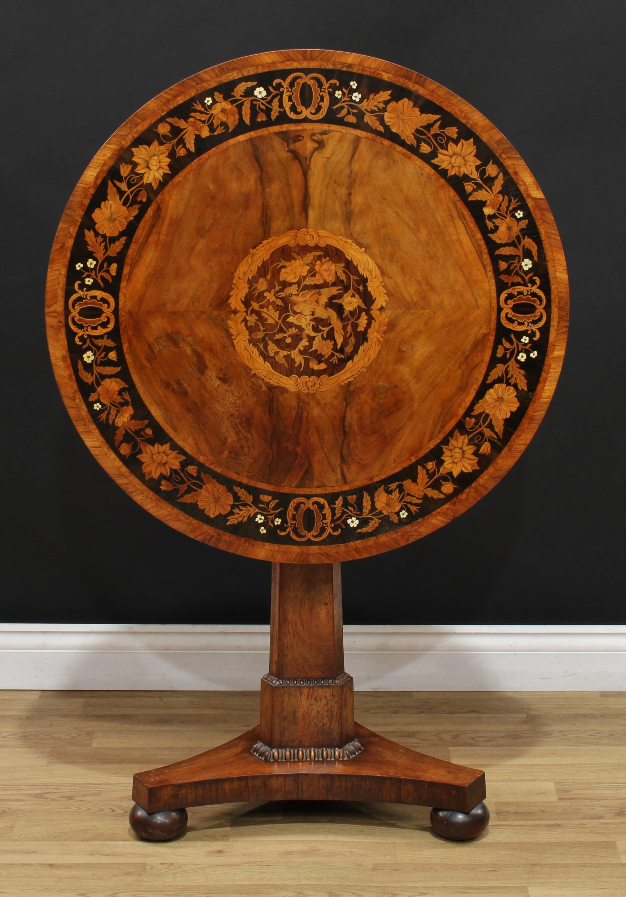 A William IV walnut, rosewood and marquetry centre table, circular tilting top inlaid with a bird - Image 3 of 4