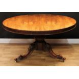 A Victorian rosewood and mahogany centre table, circular tilting top, turned column, cabriole