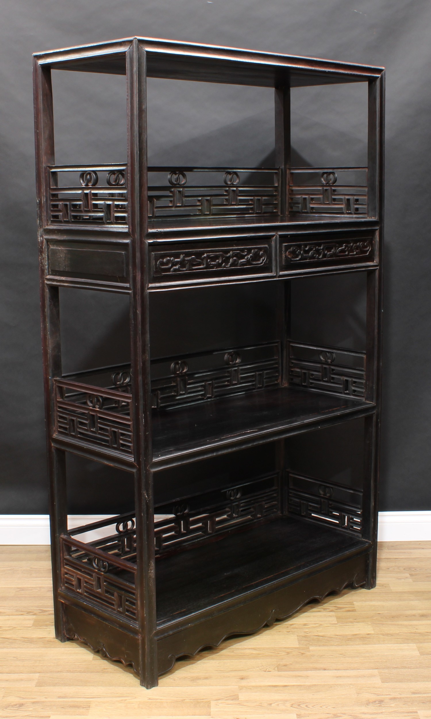 A Chinese hardwood open porcelain vitrine or display cabinet, flush rectangular top above three - Image 3 of 3