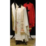 Ecclesiastical Liturgical Vestments - a Modernist design red and gold silk chasuble, stole and