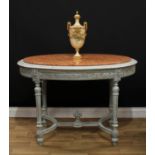 A Louis XVI Revival painted softwood oval centre table, marble top above a deep frieze carved with