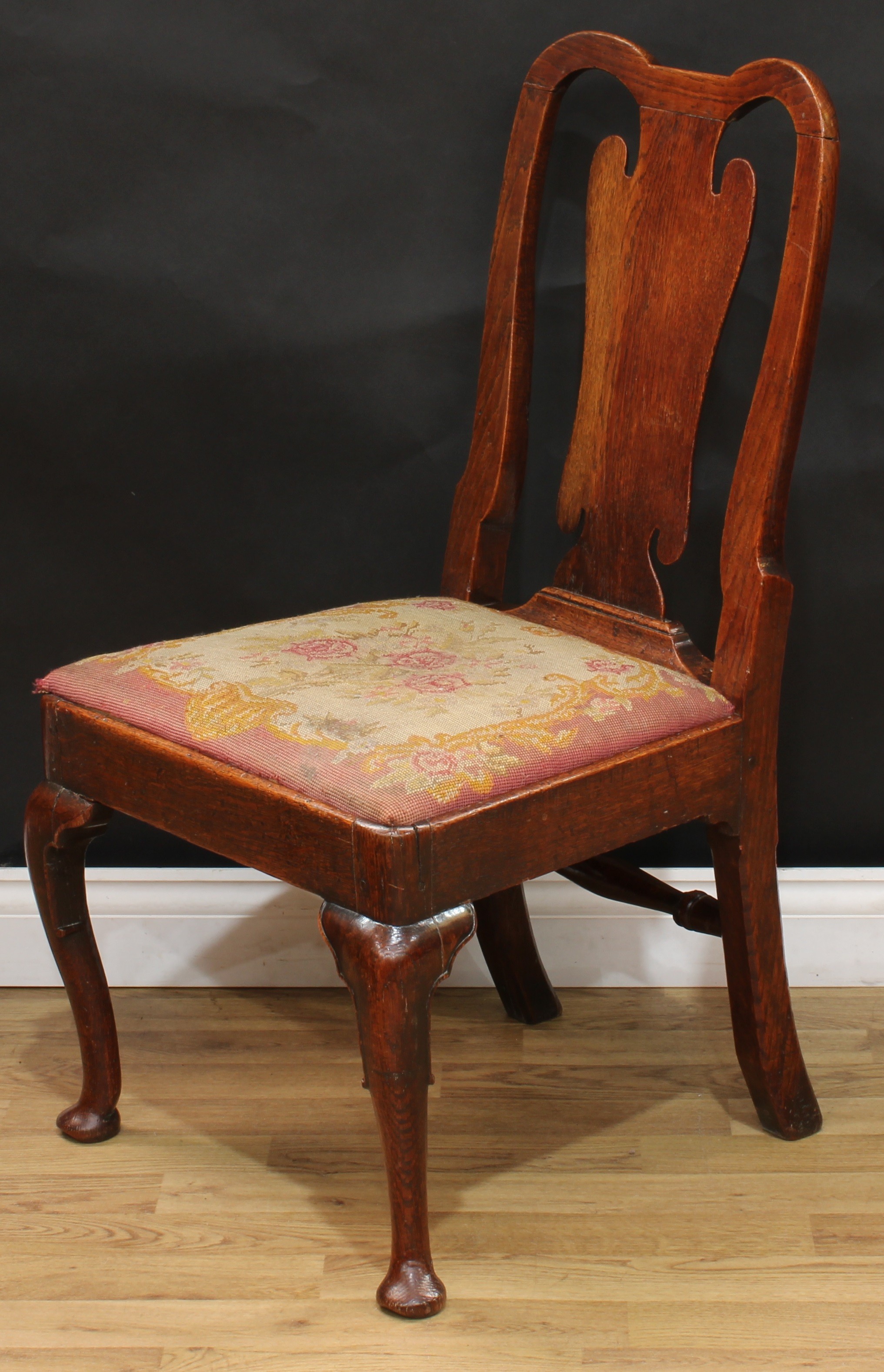 A George I oak side chair, double-arch cresting rail, vasular splat, drop-in needlework seat, - Image 3 of 4