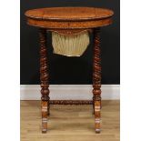 A Victorian walnut and marquetry work table, oval top with bead and reel border inlaid with fruiting