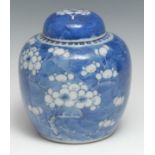 A Chinese ovoid ginger jar, painted in tones of underglaze blue with blossoming prunus on a ground