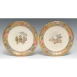 A pair of Japanese satsuma plates, each painted with Geisha in an interior, within dense borders