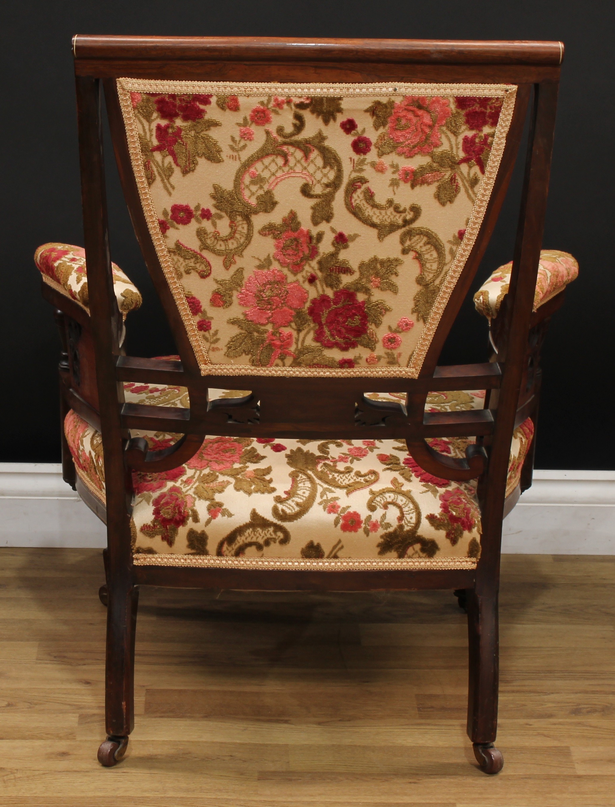 A late Victorian rosewood and marquetry four-piece drawing room suite, comprising a sofa, 85.5cm - Image 9 of 12