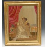 A Regency silk and needlework picture, a mother and her children in a domestic setting, one child
