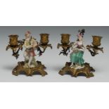 A Pair of 19th Century continental 'Meissen' porcelain and ormolu two light mantle candelabra,