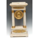 A French Empire ormolu and alabaster portico mantle time piece, 14cm circular dial embossed with