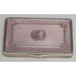 A George V silver and guilloche enamel rounded rectangular table snuff box, hinged cover decorated