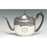 A George III silver oval teapot, bright-cut engraved with bands of stiff leaves and wrigglework,
