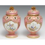 A pair of Coalport pot pouri vases and cover, painted by John Randall, with fanciful birds within