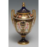 A Royal Crown Derby 1128 two handled pedestal ovoid vase, 16cm high, printed mark, date code for