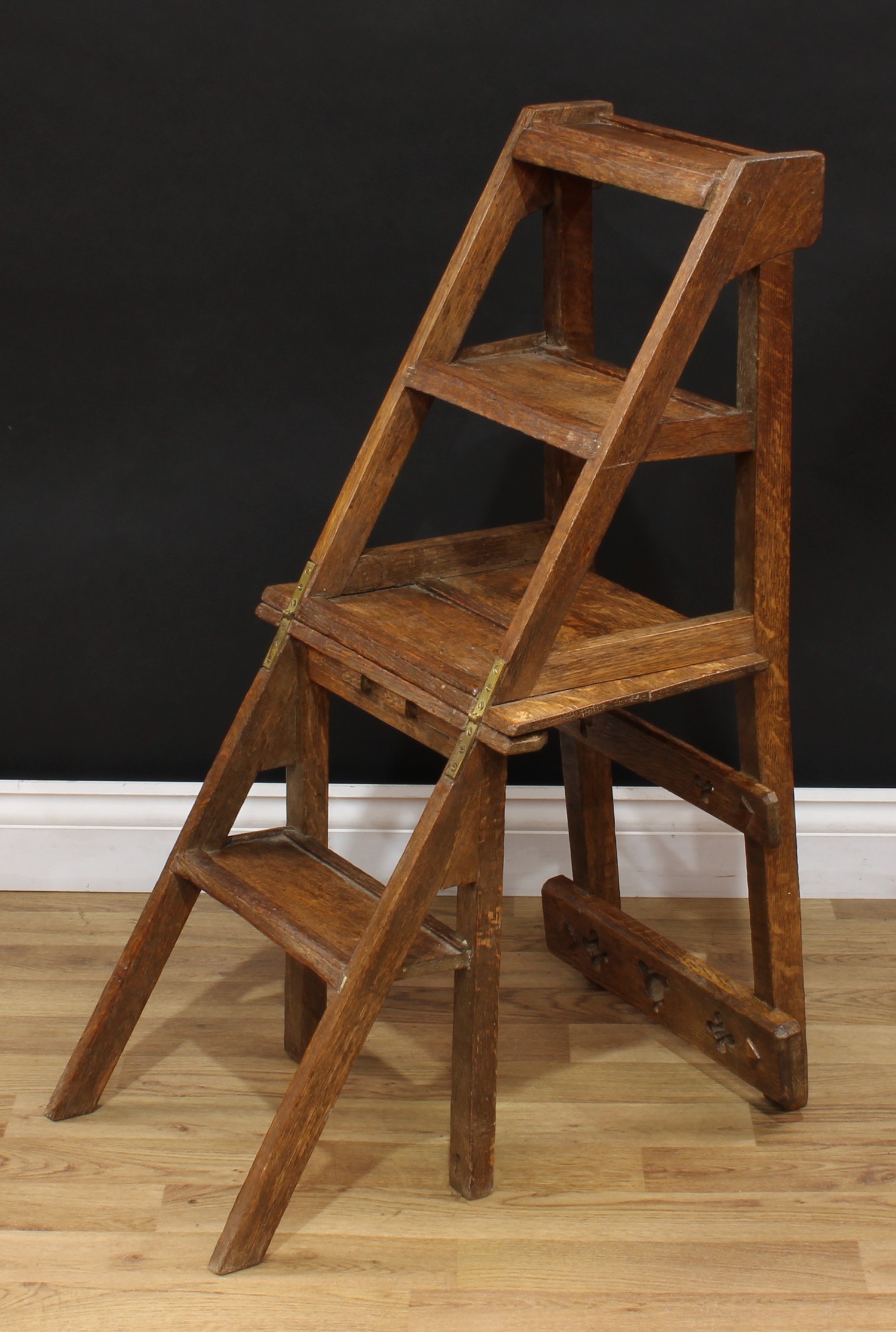 A Victorian Gothic Revival oak metamorphic chair, converting to library steps, rectangular - Image 5 of 8