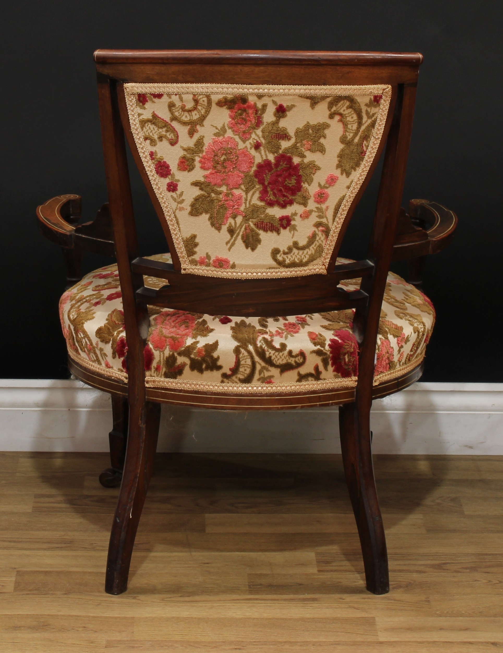 A late Victorian rosewood and marquetry four-piece drawing room suite, comprising a sofa, 85.5cm - Image 12 of 12