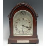 An early 20th century mahogany lancet musical bracket clock, 14cm arched silvered dial with Roman