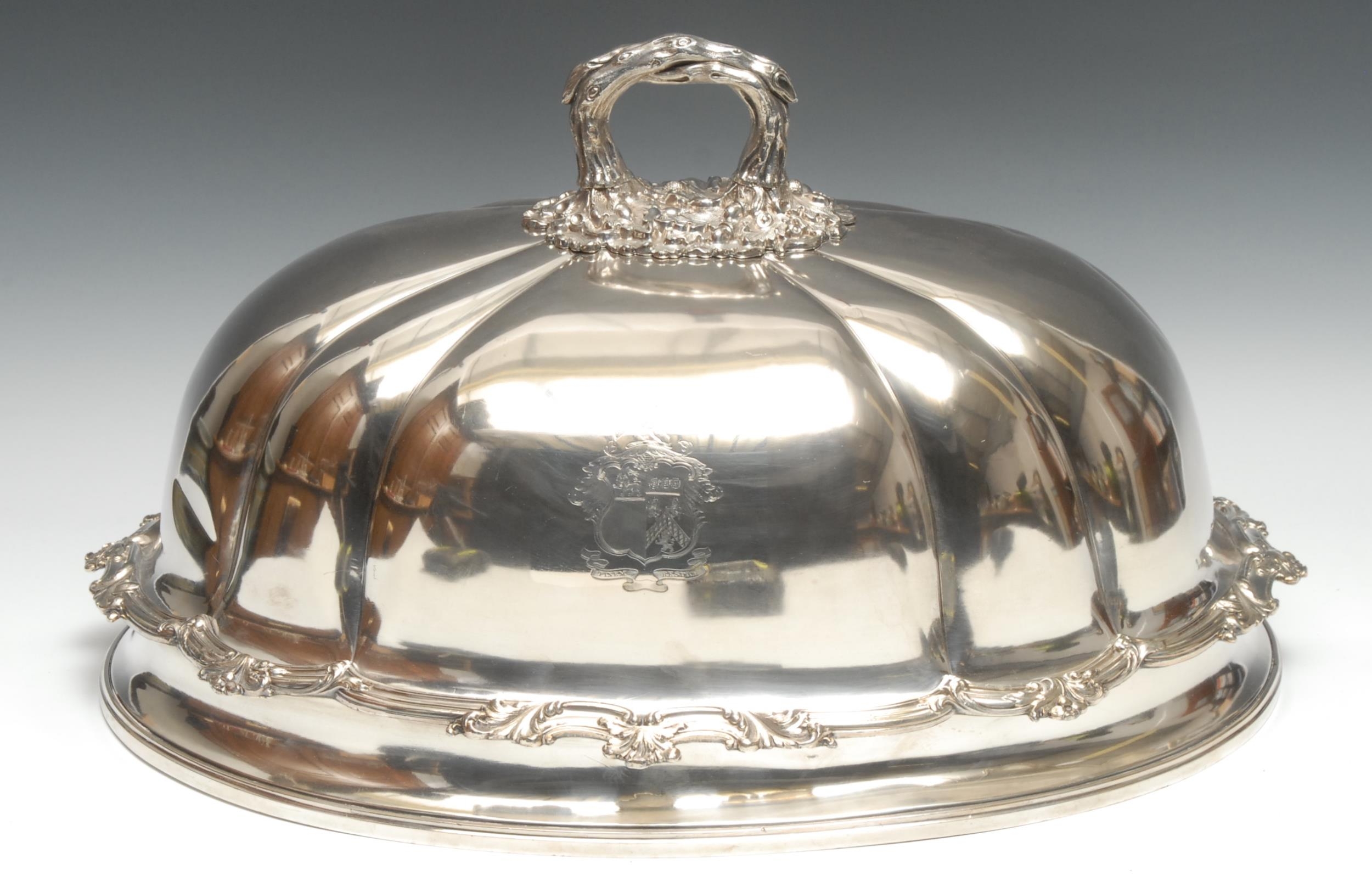 A 19th century fluted meat dome, crested, branch handle, cast leafy scroll quarter girdle, 50cm