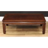 A Chinese hardwood low tea table, rectangular top, square legs, 29.5cm high, 91cm wide, 48cm deep