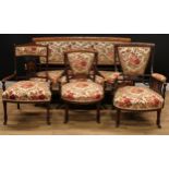 A late Victorian rosewood and marquetry four-piece drawing room suite, comprising a sofa, 85.5cm