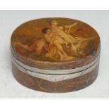 An 18th century vernis martin oval snuff box, the hinged cover painted with Leda and the Swan,