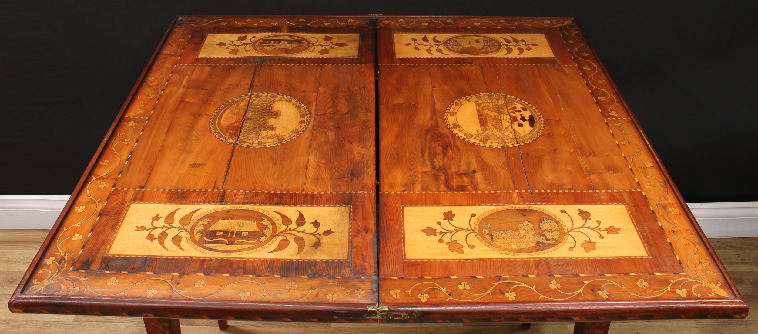 A 19th century Irish Killarney marquetry and yew room centre tea or silver table, hinged rectangular - Image 6 of 15