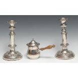 A pair of post-Regency Old Sheffield Plate telescopic candlesticks, campana sconces, applied