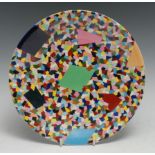 A Royal Crown Derby circular plate, with overlapping coloured geometric and abstract shapes, 23.