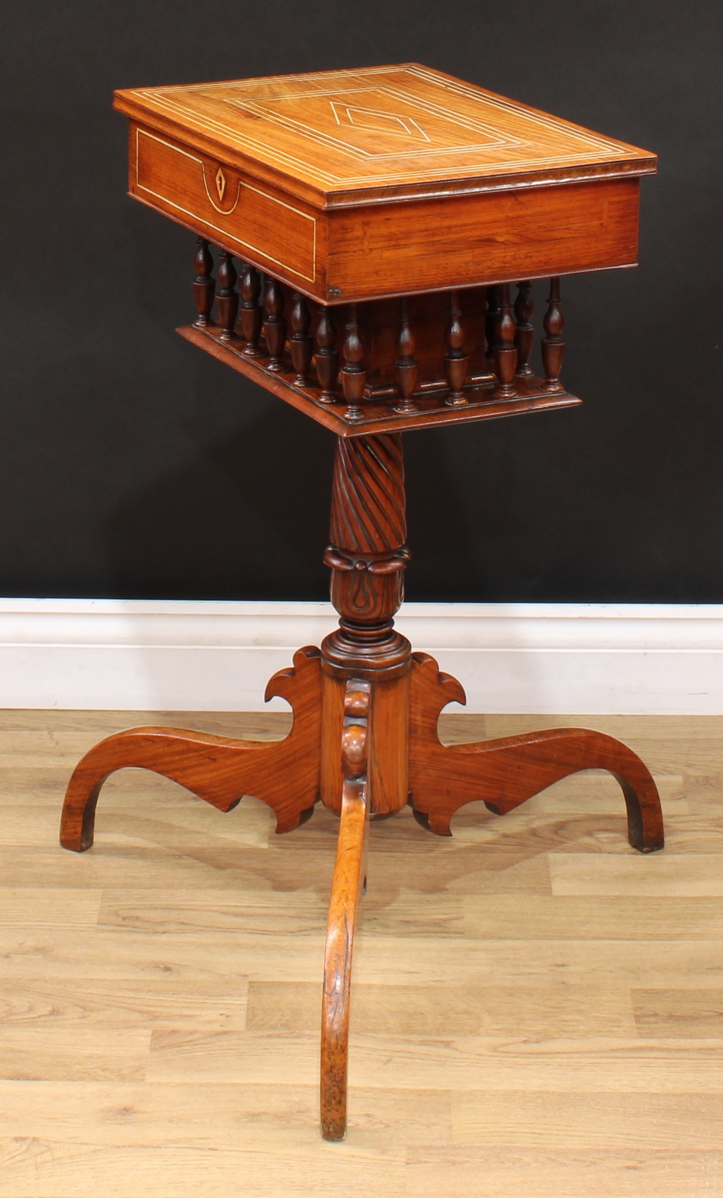 A 19th century Anglo-Indian rosewood tripod work table, hinged top enclosing a fitted interior - Image 7 of 8