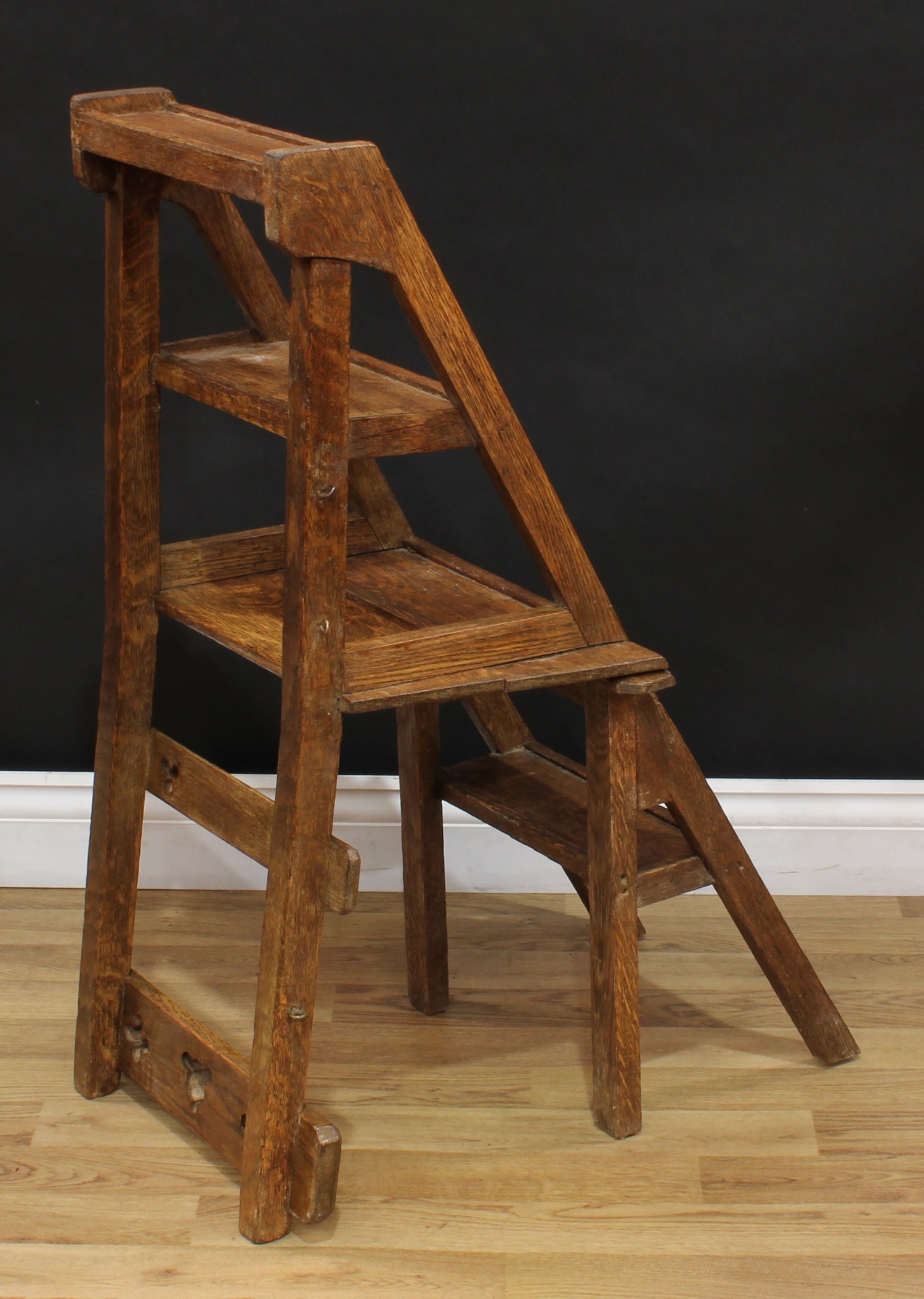 A Victorian Gothic Revival oak metamorphic chair, converting to library steps, rectangular - Image 7 of 8