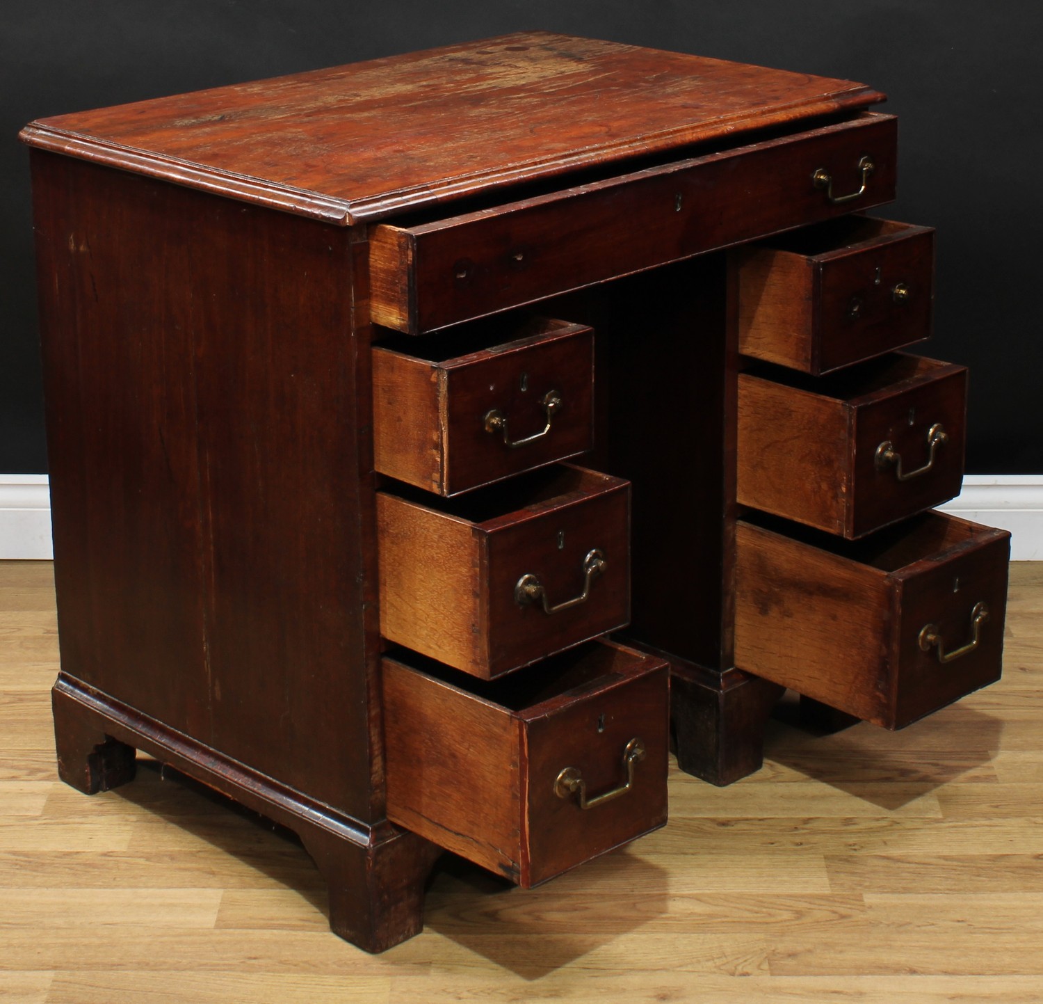 A George III mahogany kneehole desk, rectangular top with moulded edge above a long cockbeaded - Image 4 of 6