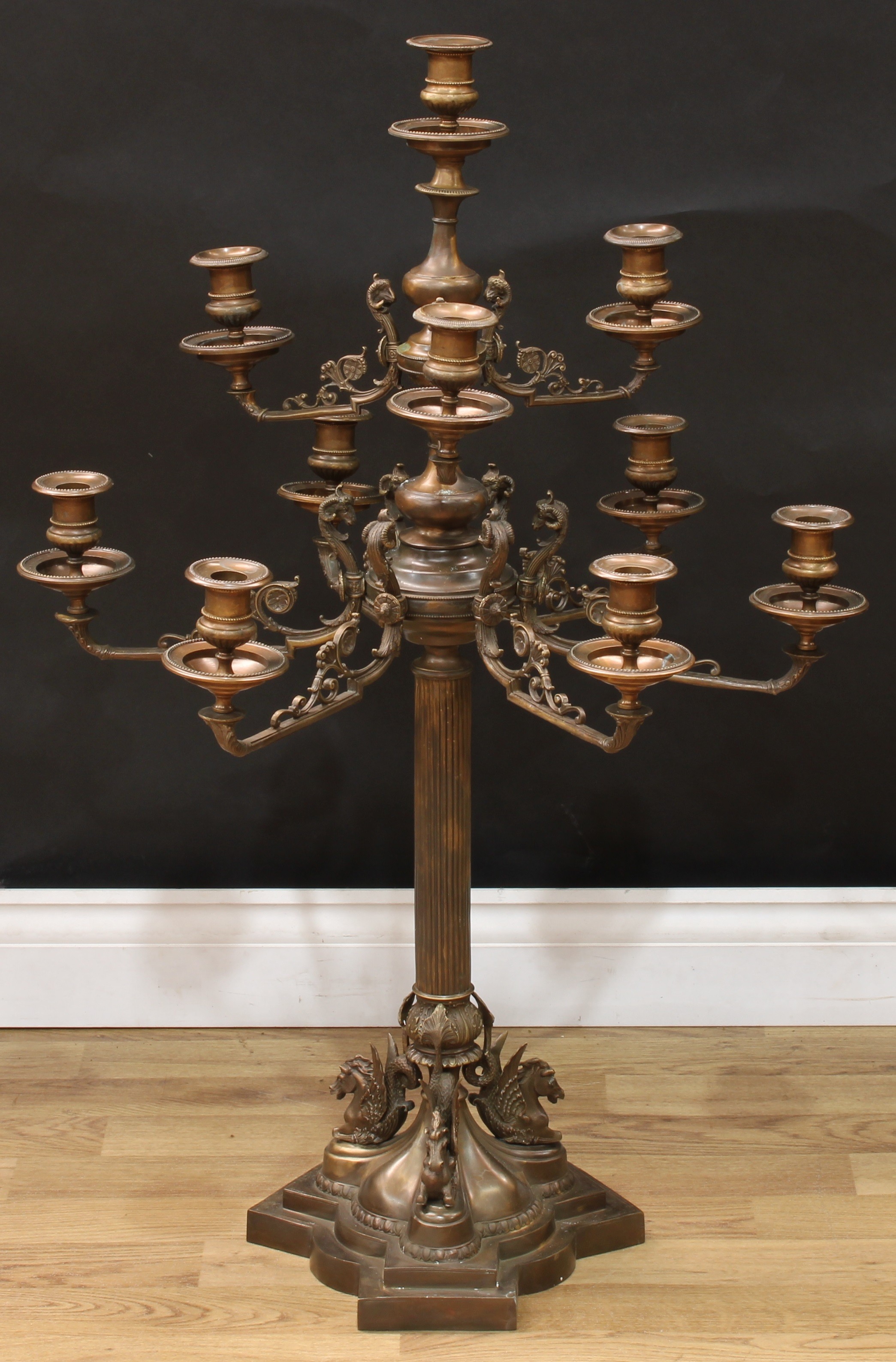 A pair of substantial Empire style bronze ten-light table candelabra, beaded campana sconces, the - Image 2 of 3