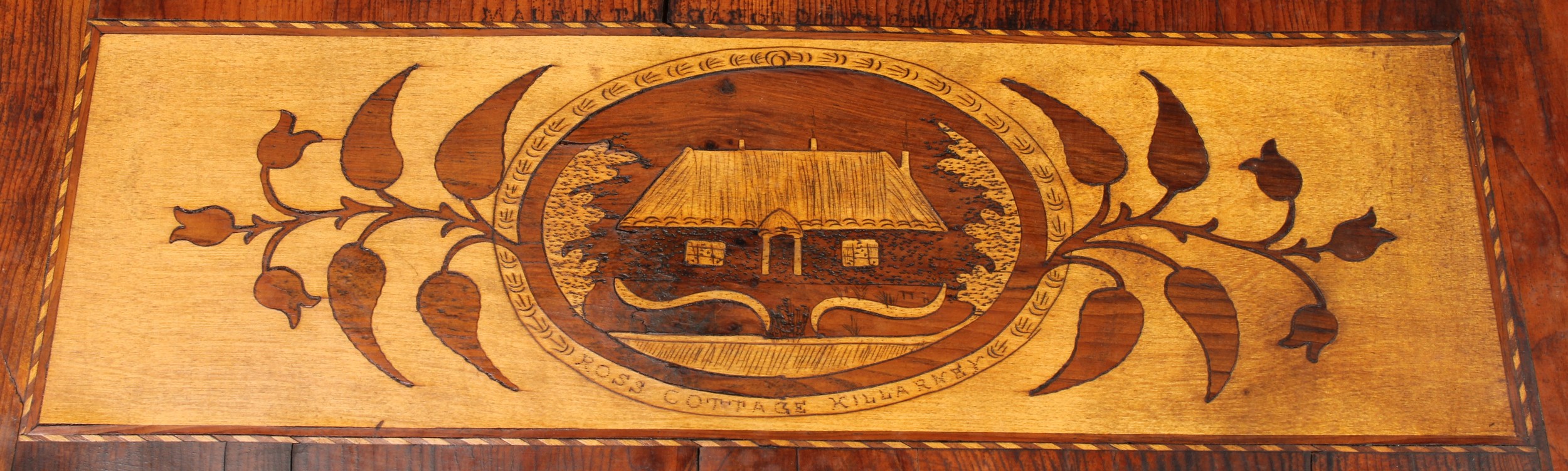 A 19th century Irish Killarney marquetry and yew room centre tea or silver table, hinged rectangular - Image 7 of 15