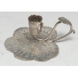 A George IV silver novelty miniature chamber stick, as a leaf, 8cm long, Joseph Willmore, Birmingham