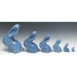 A set of six graduated Bourne Denby Danesby Ware blue gloss glazed Marmaduke rabbits, size 4, 3, 2a,