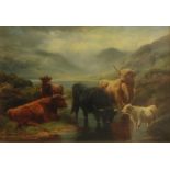 Charles Edward Watson (active late 19th/early 20th century) Highland Cattle by a Loch signed,