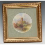 A Royal Worcester circular plaque, painted with Blainey Castle, 13cm diam, green slip, framed
