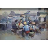 Cesar Buenaventura (filipino 1922-1983) Market Scene, signed oil on canvas, 59.5cm x 89.5cm