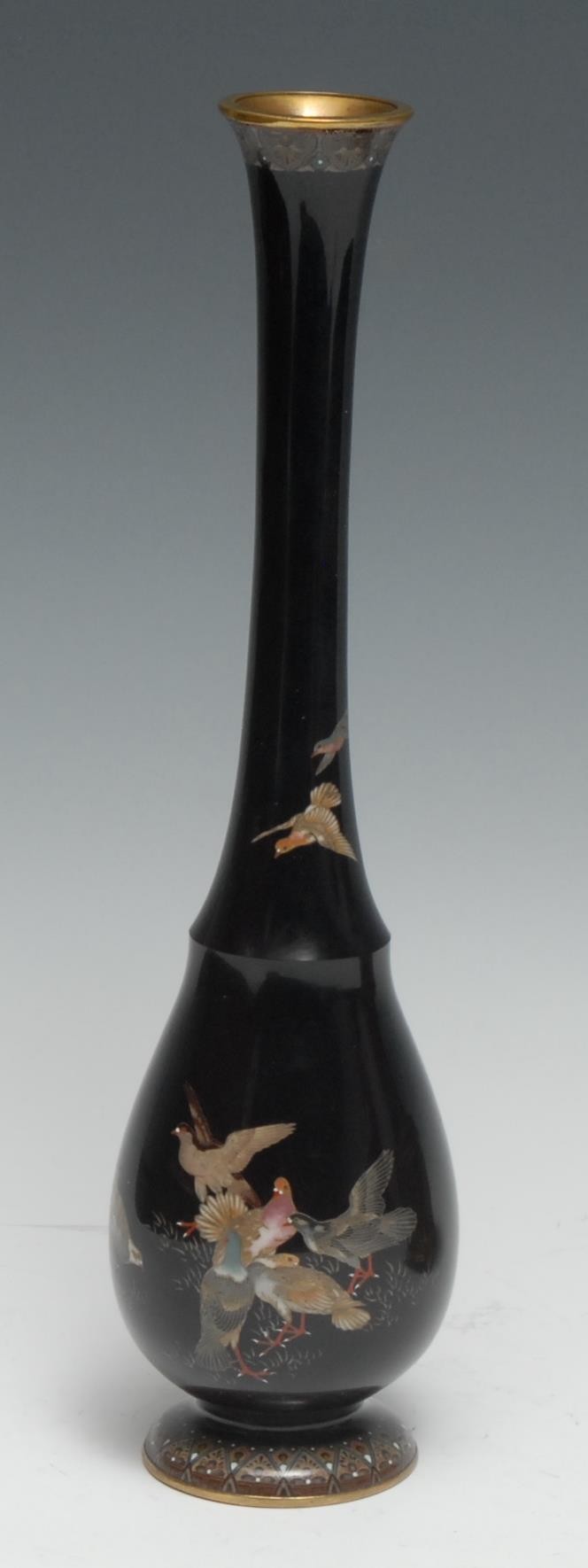 A fine Japanese Cloisonné ovoid bottle vase, tall inverted neck and circular foot geometrically