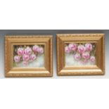 A pair of Royal Crown Derby rectangular plaques, painted by F A Marple, signed, with roses, 10cm x