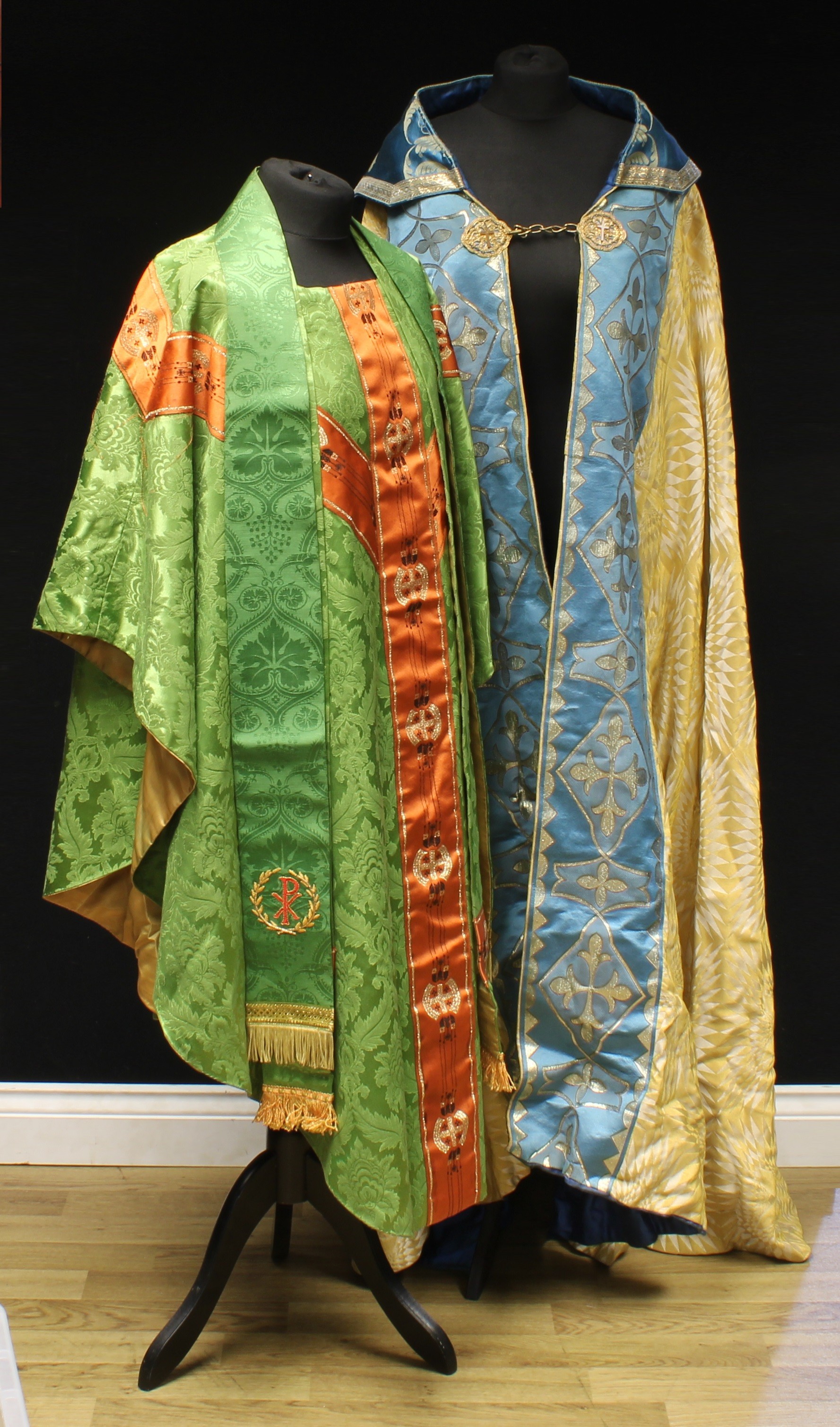 Ecclesiastical Liturgical Vestments - a champagne damask and blue silk cope, richly embroidered in