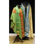 Ecclesiastical Liturgical Vestments - a champagne damask and blue silk cope, richly embroidered in