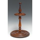 Treen - a 19th century mahogany chrurch warden pipe stand, turned finial and circular base, 38cm