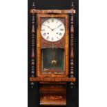 A 19th century American rosewood and marquetry drop dial wall clock, 20.5cm painted dial inscribed