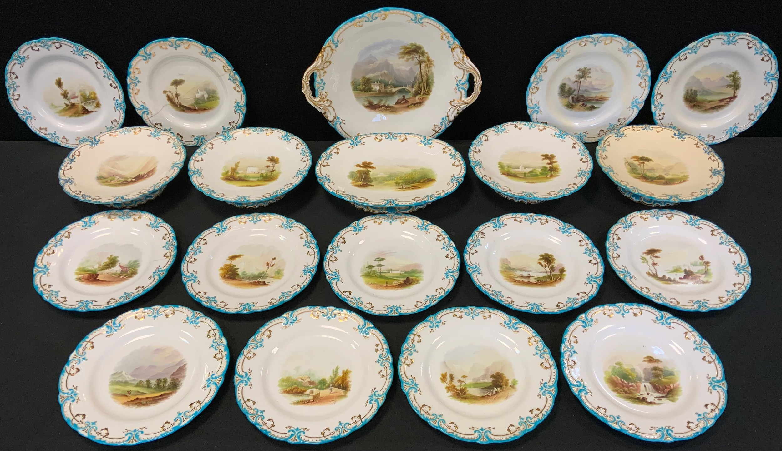 A late 19th century Minton dessert service, comprising four low circular comports, low oval comport,
