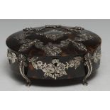 A Victorian silver mounted tortoiseshell oval dressing table jewel casket, cabriole legs, 15.5cm