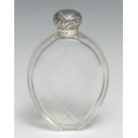 A Victorian silver mounted clear glass faceted tear shaped scent bottle, domed screw-fitting cover