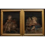 A large pair of Victorian drawing-room découpage prints, of two children, each seated by a spaniel