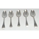 A pair of early George II silver Hanoverian pattern dessert spoons, rat tail bowls, James Wilks,
