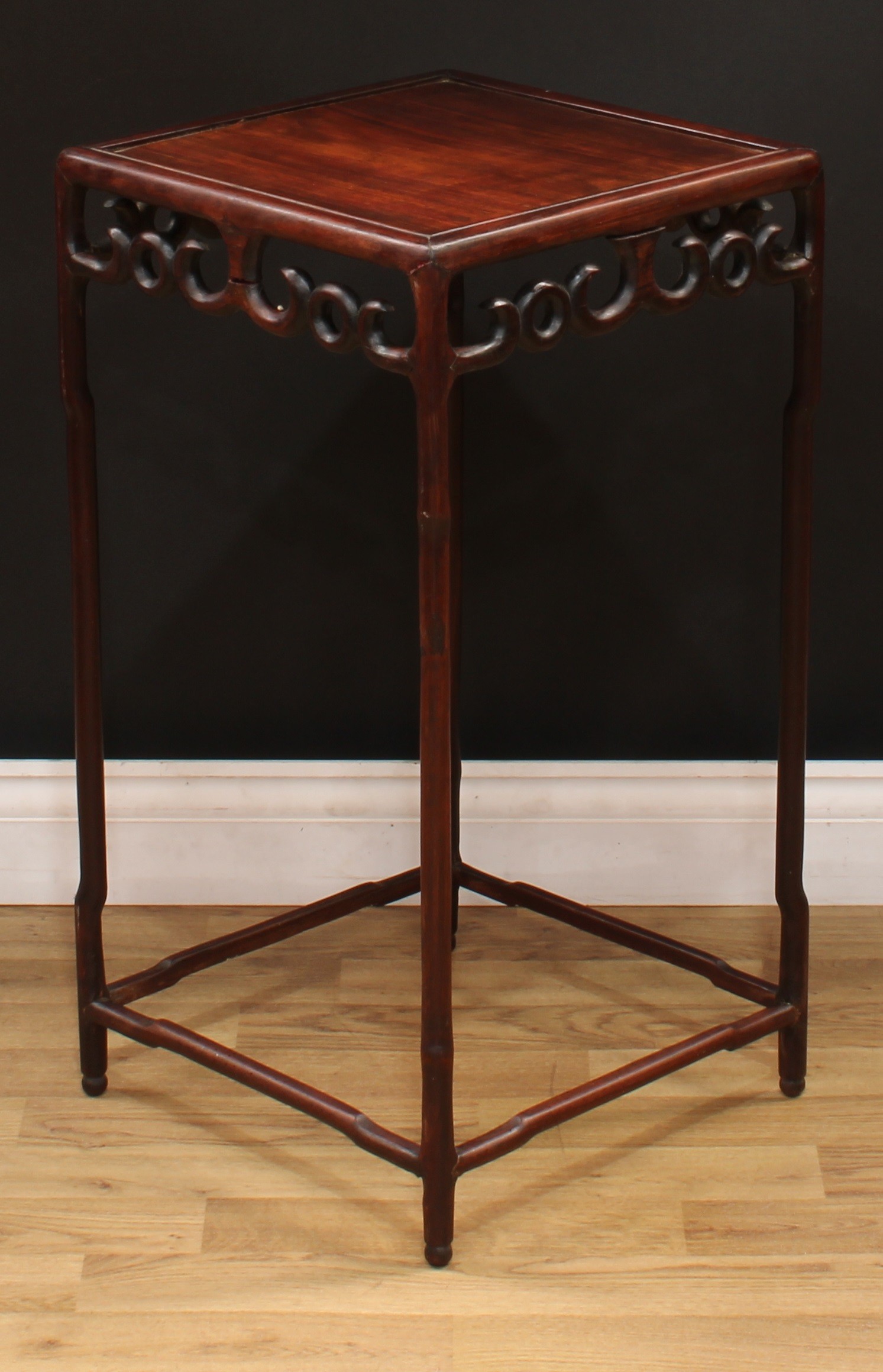 A Chinese hardwood jardiniere stand, panel top above a deep frieze pierced and carved with - Image 3 of 3