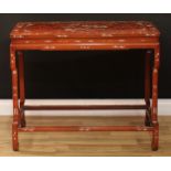 A Chinese hardwood and marquetry altar table, inlaid in ivory and specimen timbers with pagodas,